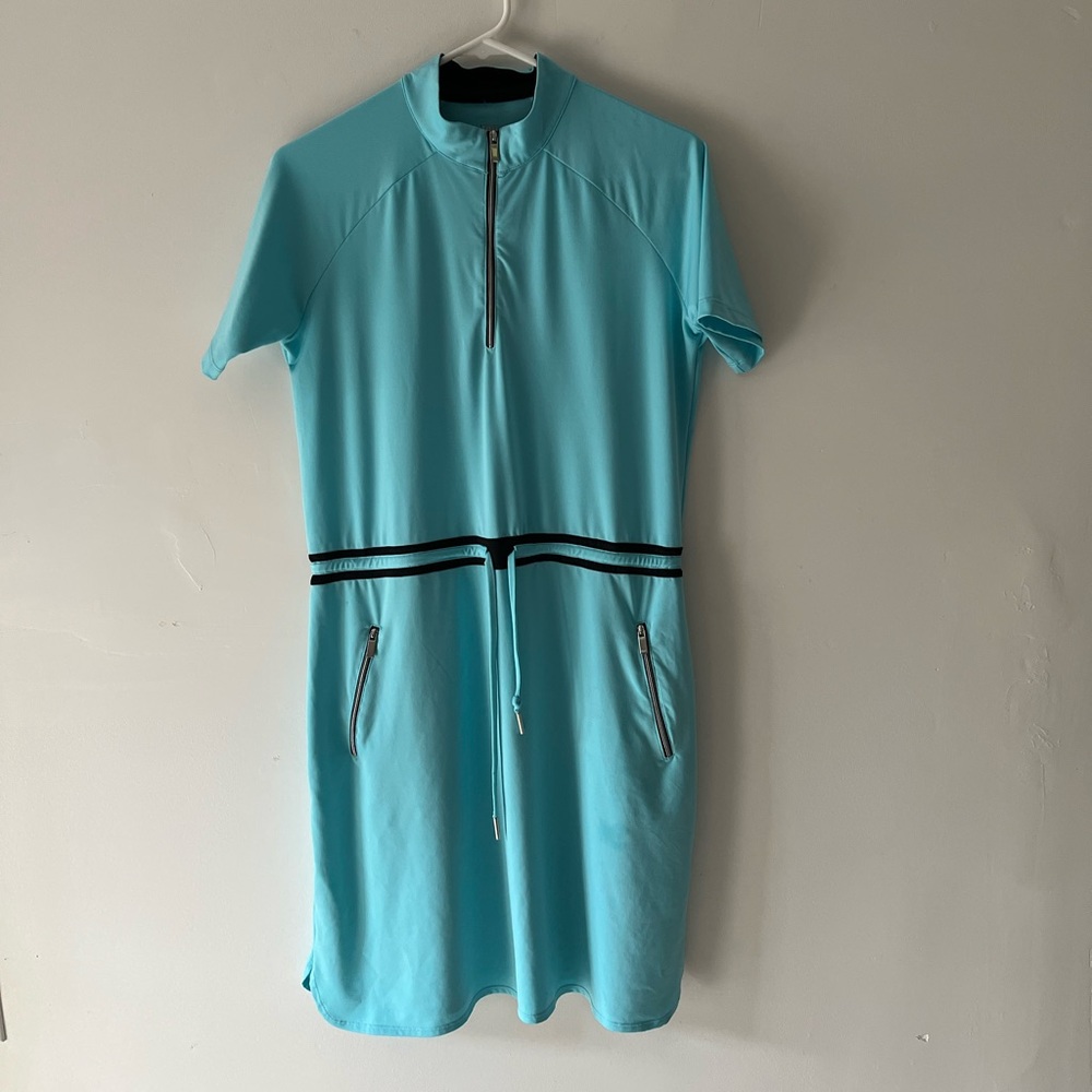 Tail Aqua Midi Dress with Black Trim